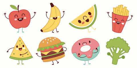 Cute Kawaii Cartoon Food Characters Funny Apple Banana Watermelon Fries Cheese Burger Donut Broccoli Illustrations Vector Set