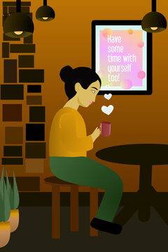 Illustration of a girl sitting in a room having cofee, plants in left side and a self love poster on orange wall, self love theme
