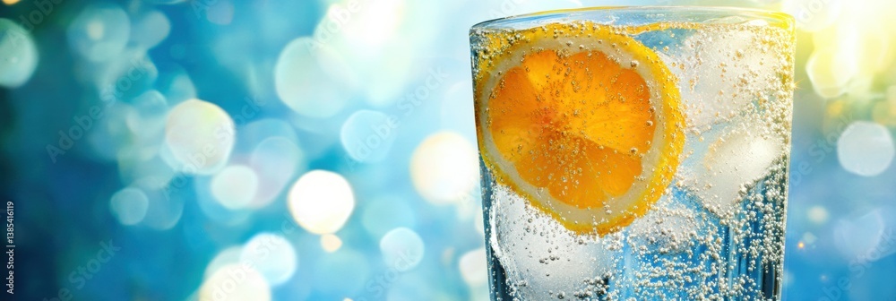 Poster Refreshing ice-cold soda in a glass with fizzy bubbles and lemon slices on a bright background