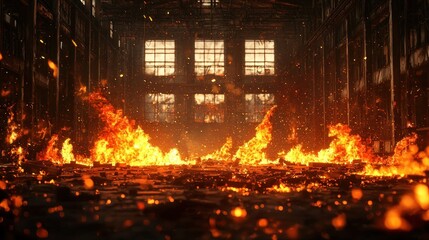 Fototapeta premium Inferno: A Burning Industrial Ruin
