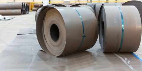 Industrial close up rolls placed in a warehouse paper aluminum steel or steel metal sheet inventory.