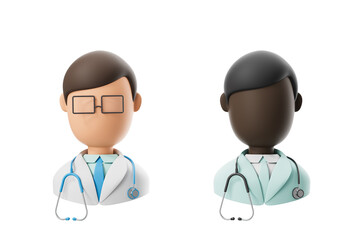 Fototapeta premium Two 3D cartoon doctor avatars in lab coats with stethoscopes, isolated on white background. Concept of healthcare professionals and medical staff. 3D Rendering