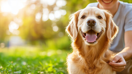 Golden Retriever on Green Natural Park Background with Space for Text