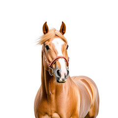 Obraz premium Beautiful chestnut horse with flowing mane standing against a white background in studio setting
