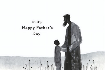 fathers day card, design a tender fathers day card with a touching illustration of a father and child, happy fathers day text, and a calming color scheme