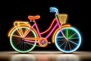 Fototapeta premium Neon Lit Vintage Bicycle with Basket in Dark Studio