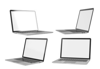 Four silver laptops shown from multiple perspectives with blank display screens, 3D Rendering style, isolated on white background, concept of technology template
