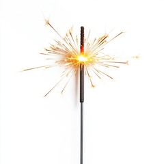 Fototapeta premium Sparkler lit against white background, symbolizing celebration and joy, perfect for New Year's Eve and festive occasions