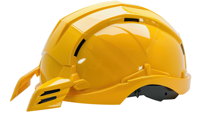 Protective Yellow Hard Hat: A close-up shot of a vibrant yellow hard hat, emblematic of workplace safety, viewed at a dynamic angle, is presented against a clean backdrop.