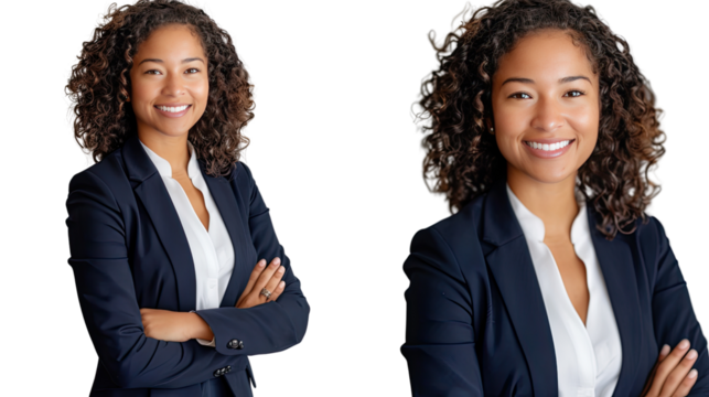 Confident Business Woman: A professional woman with a warm smile, standing with arms crossed, embodying confidence and approachability, conveying an air of capability and success.
