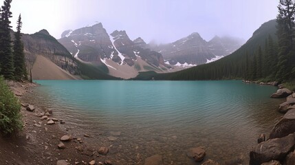 Turquoise waters of Moraine Lake with the Rocky Mountains behind, a serene natural masterpiece.