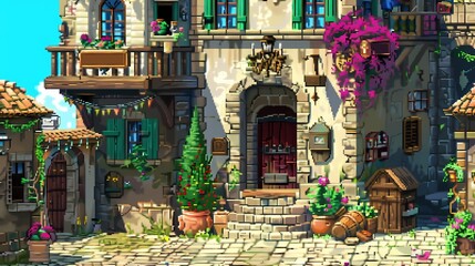 Ruelle pixel art ensoleill&eacute;e, maisons color&eacute;es m&eacute;diterran&eacute;ennes, fleurs et plantes, ambiance chaleureuse, design r&eacute;tro pour jeu vid&eacute;o ou illustration de village