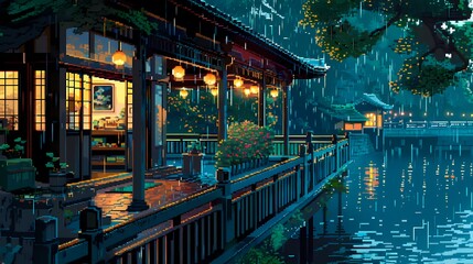 Fototapeta premium Nuit pluvieuse pixel art au bord de l'eau, pavillon éclairé par des lanternes, ambiance mélancolique, design rétro pour jeu vidéo ou illustration