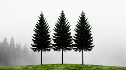 Fototapeta premium Three Evergreen Trees in Misty Forest Landscape