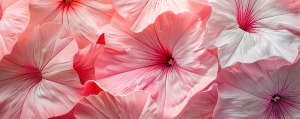 Obraz premium Close up of petunia petals, with their vibrant pink flat lay on table arrangement wallpaper violet.