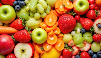 Vibrant Assortment of Fresh Fruits and Vegetables Displayed in a Colorful Arrangement