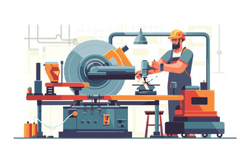 Robotized industrial production cartoon vector concept. Robotic hands working on modern factory or plant conveyor, manufacture qualified worker, engineer or service technician with tablet illustration