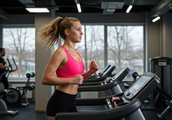 Fototapeta premium Woman running on treadmill in modern gym during day