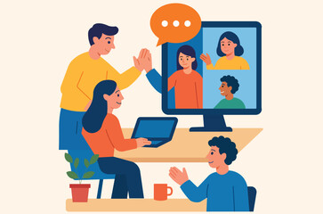 Hybrid team collaboration. In-office colleagues high-fiving while connecting virtually with remote team members on a screen. Teamwork, communication, and modern workplace.