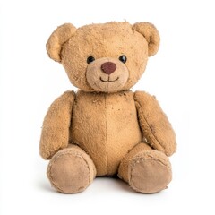Fototapeta premium Cuddly brown teddy bear on white backdrop representing childhood nostalgia and perfect gift for Christmas or birthdays