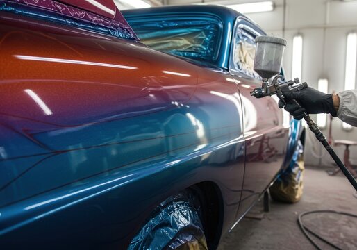 Vintage car body being painted in a professional workshop with vibrant colors
