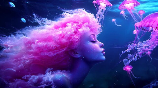 Surreal underwater scene of a mermaid with pink hair surrounded by glowing jellyfish in a mystical ocean setting. Dreamlike and magical atmosphere.