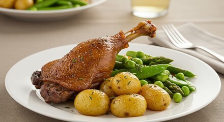 Roasted duck leg served with seasonal spring vegetables and baby potatoes