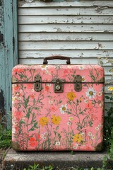 Vintage Floral Suitcase Against Weathered Walls