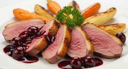 Sliced roasted duck served with cherry sauce and accompanied by colorful roasted vegetables