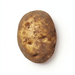 A single potato in close-up, isolated on a white background. Featuring rough texture and earthy color