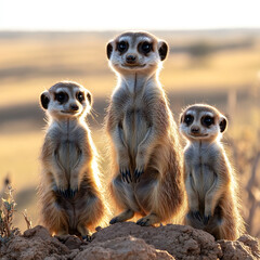 Fototapeta premium A family of meerkats standing alert in the desert, looking out over the savannah