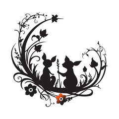 A charming silhouette vector collection of meadow creatures, featuring birds, rabbits, butterflies, and other wildlife in a natural grassland setting.