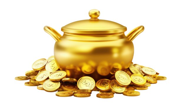 Golden Pot of Fortune: A resplendent gold pot, brimming with shimmering coins, symbolizing wealth, prosperity, and the allure of untold riches.