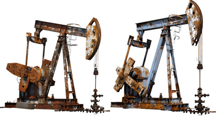 Old-Timey Oil Pump: A striking photograph unveils two weathered oil pumps in an industrial scene, weathered by time, symbolizing the extraction of valuable natural resources.