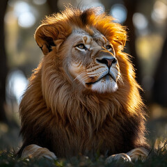 Obraz premium A lion resting peacefully in the shade, with its mane gently swaying in the breeze