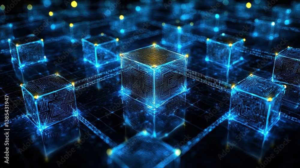 Wall mural abstract futuristic cubes glow with interconnected digital networks