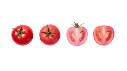 A vibrant quartet of tomatoes, showcasing their juicy redness and perfect ripeness against a clean white background.