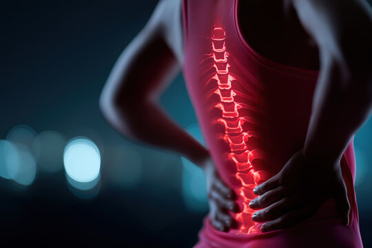 Illuminated spine showing pain on woman's back