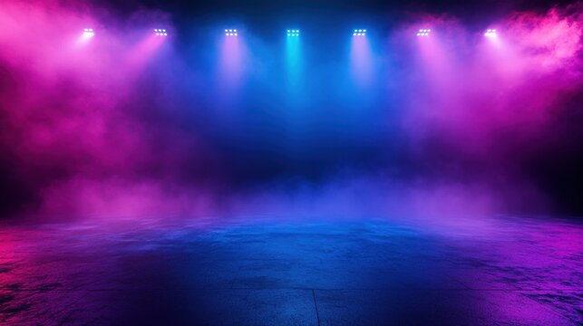 The dark stage shows, empty dark blue, purple, pink background, neon light, spotlights, The asphalt floor and studio room with smoke float up the interior texture for display.