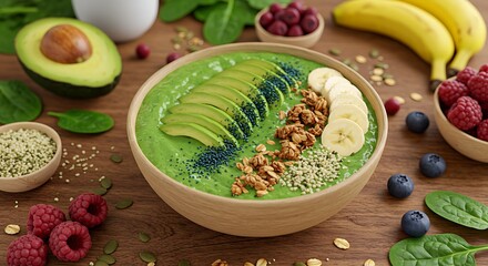 Green Smoothie Bowl Topped with Avocado and Fruits on Wood
