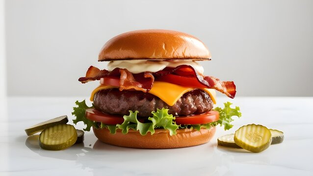 elicious burger with many ingredients isolated on white background Tasty cheese