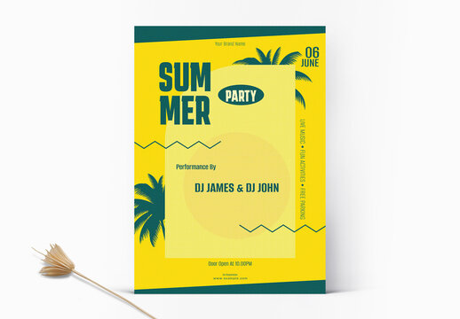 Summer Party Flyer Layout with Sunset Leaf Illustration