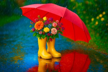 Blooming in the rain &ndash; Colors against gray. Concept for spring campaigns, garden centers, weather, or family advertising