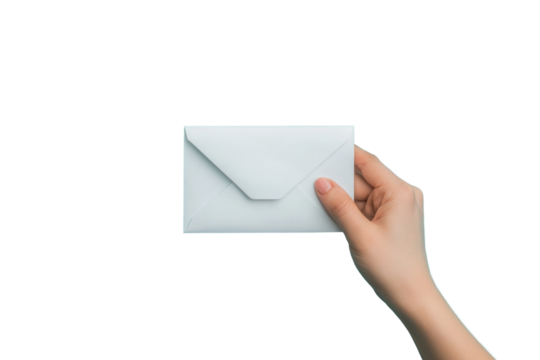 A detailed shot of a hand holding a voting envelope over a ballot on a clean blue backdrop.