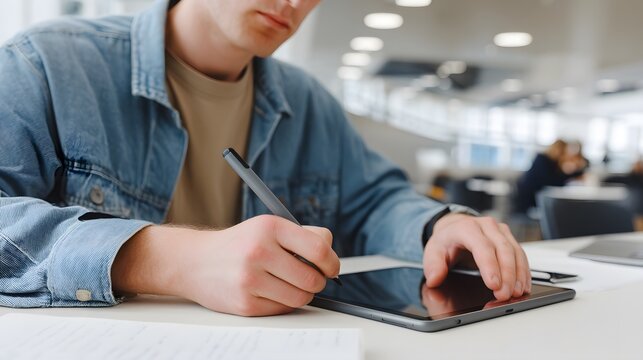 Focused student using a digital tablet for notes or art, wearing a denim jacket, in a bright, modern learning environment.