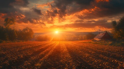 Obraz premium Enchanting Twilight at a Potato Field with Artfully Scattered Harvest Remnants Under a Softly Glowing Sunset Creating a Timeless Rural Tapestry