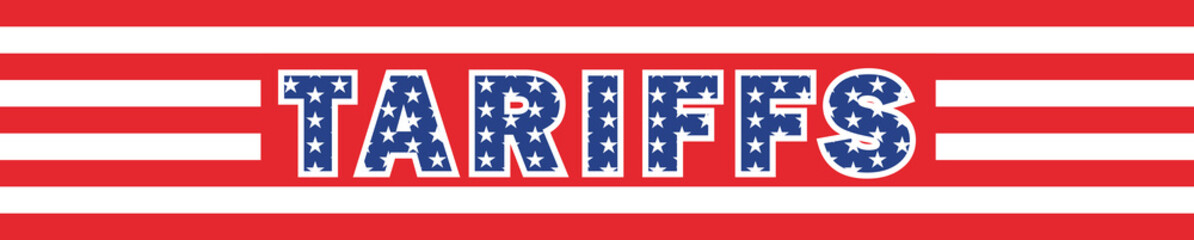 Tariffs text filled with stars on a background of red and white stripes. Concept illustration of trade policy or American economy.