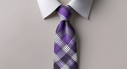 Plaid pattern in violet gray tie in plain ivory background