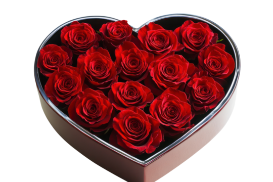 A heart-shaped box filled with fresh, vibrant red roses arranged in a perfect spiral, with the petals softly glistening in natural light