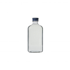 A clear glass bottle with a metal cap on a white isolated background. Ideal for showcasing water or beverage products.